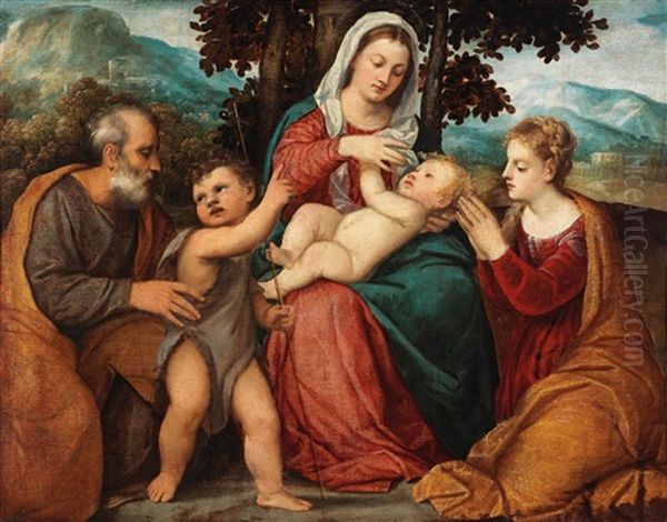 Holy Family With Saint John The Baptist And Saint Catherine (collab W/workshop) Oil Painting by Bonifazio Veronese