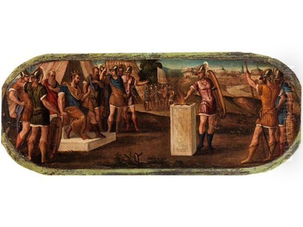 Muzio Scevola Brucia La Sua Mano Destra Di Fronte Al Re Etrusco Porsenna  (gaius Mucius Scaevola Verbrennt Seine Rechte Hand Vor Den Augen Des Etruskerkonigs Porsenna) Oil Painting by Bonifazio Veronese