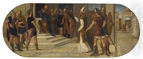 A Bishop Before A Roman Dignitary Surrounded By Soldiers, Possibly A Scene From The Life Of Saint Ambrose Oil Painting by Bonifazio Veronese