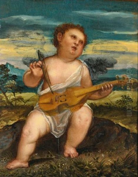 Cupid With A Violin In A Landscape Oil Painting by Bonifazio Veronese