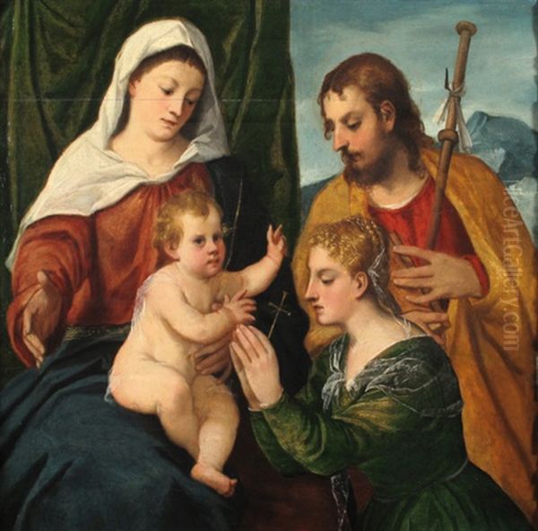 Madonna Con Bambino, San Rocco E Una Santa Oil Painting by Bonifazio Veronese