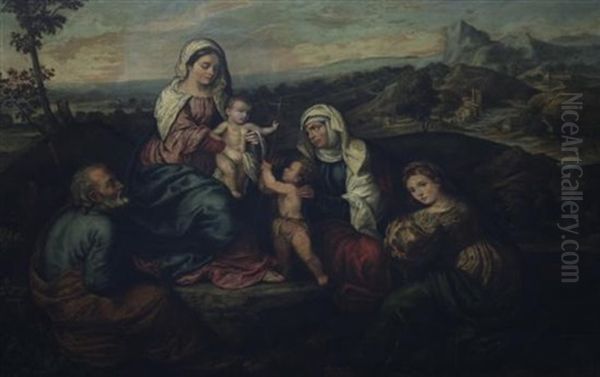 Jesus And Mary With Saints Joseph, John, Elizabeth And Catherine Oil Painting by Bonifazio Veronese
