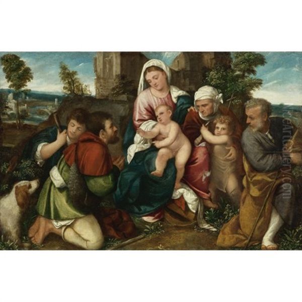 Holy Family With Saint Elizabeth, The Infant St. John, And Two Shepherds Oil Painting by Bonifazio Veronese