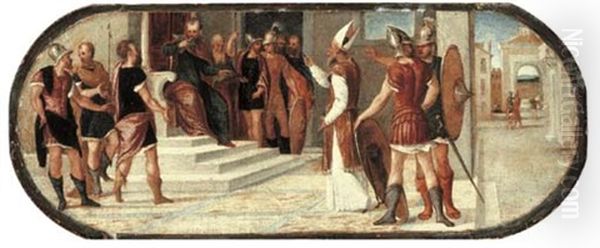 A Bishop Before A Roman Dignitary Surrounded By Soldiers Oil Painting by Bonifazio Veronese