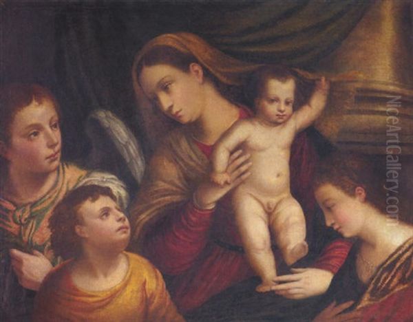 Maria Mit Jesus Umgeben Von Einem Engel Und Zwei Kindern Oil Painting by Bonifazio Veronese