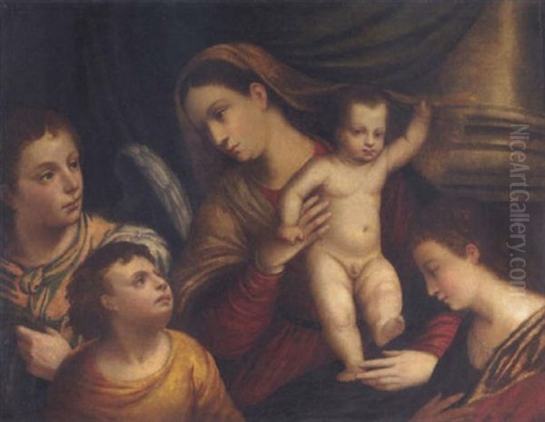 Maria Mit Jesus, Umgeben Von Einem Engel Und Zwei Kindern Oil Painting by Bonifazio Veronese