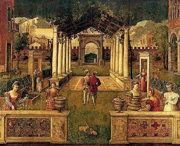 An Architectural Capriccio With Elegant Figures And Animals Promenading In An Ornamental Garden Oil Painting by Bonifazio Veronese