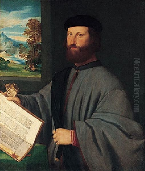 A Portrait Of A Gentleman Holding A Book And Gloves In His Right Hand Oil Painting by Bonifazio Veronese