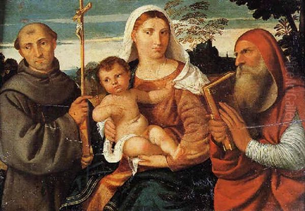 Madonna Con Bambino Tra I Santi Francesco E Girolamo In Un Ampio Paesaggio Oil Painting by Bonifazio Veronese