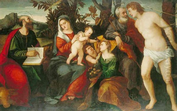 Sacra Conversazione (holy Family With Saints Luke, Dorothy, Peter, Sebastian, And The Infant Saint John The Baptist) Oil Painting by Bonifazio Veronese