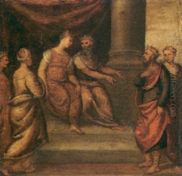 Mythological Scene: A King Being Presented To A Queen Oil Painting by Bonifazio Veronese