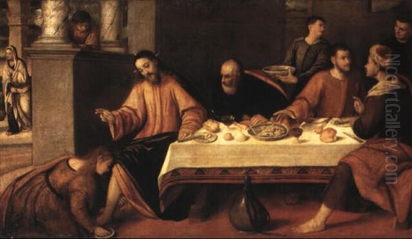 Christ In The House Of Simon The Pharisee Oil Painting by Bonifazio Veronese