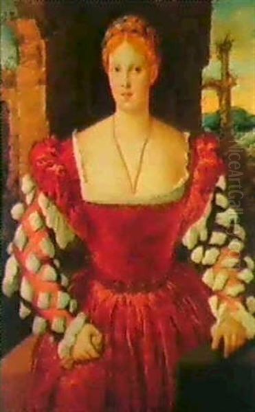 Portrait Of A Lady, Standing Three-quarter Length, Wearing  A Red Velvet Dress With White Sleeves Oil Painting by Bonifazio Veronese