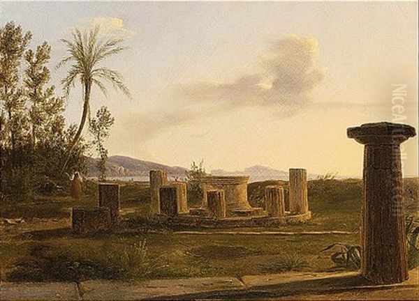 An Italian Landscape With Figures Near A Ruin Oil Painting by Anton Sminck Pitloo