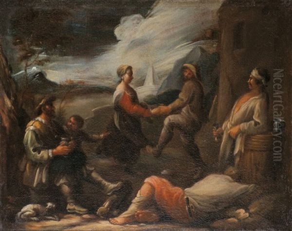 Vor Einem Haus Tanzendes Bauernpaar Mit Zechern Als Zuschauer Sowie
Rastende Hirten Mit Musikant (pair) Oil Painting by Matteo de' Pitocchi (Matteo Ghidoni)