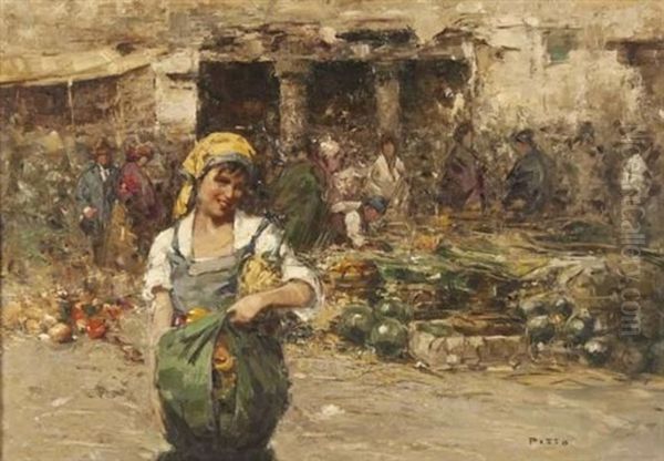 Market Seller Oil Painting by Giuseppe Pitto
