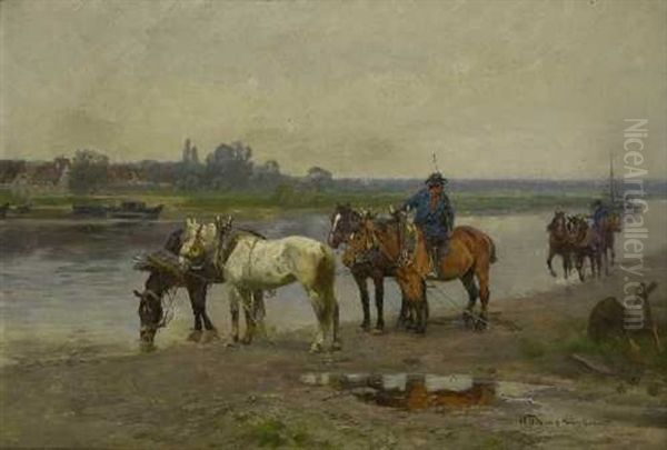 Treidler Am Flussufer Oil Painting by Max Joseph Pitzner