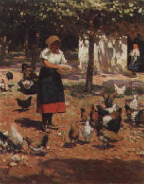 Feeding The Chickens Oil Painting by Alberto Pla y Rubio