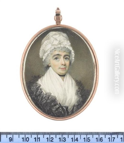 A Lady, Wearing White Fichu, Black Lace Shawl, Ribbon Choker And White Bonnet Trimmed With Pleated Lace Border Tied With Wide Ribbon Oil Painting by George Place