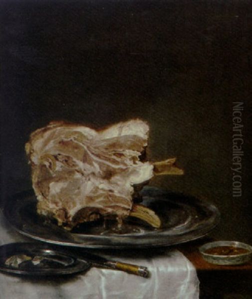 A Joint Of Meat And Oysters On A Pewter Plate, With A Knife And A Porcelain Dish Of Soup On A Partially Draped Table Oil Painting by Pieter van Plas