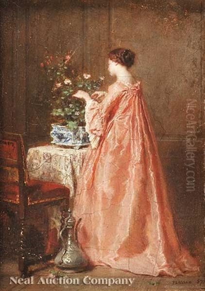 A Second Empire Interior: Woman In Pink Arranging Flowers Oil Painting by Antoine Emile Plassan
