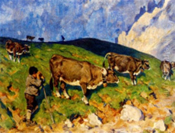 Kuhe Am Berghang Oil Painting by Ernst Heinrich Platz