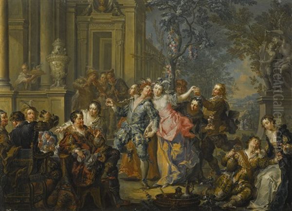 Elegant Company Making Merry Outside A Palace Oil Painting by Johann Georg Platzer