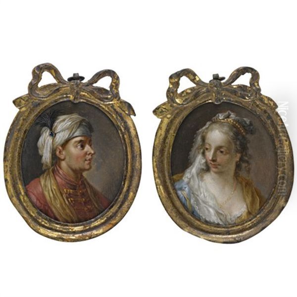 Portrait Of A Gentleman In Turkish Dress, Looking To The Right (+ Portrait Of A Lady Wearing A White Silk And Pearl Headdress, Looking To The Left; Pair) Oil Painting by Johann Georg Platzer