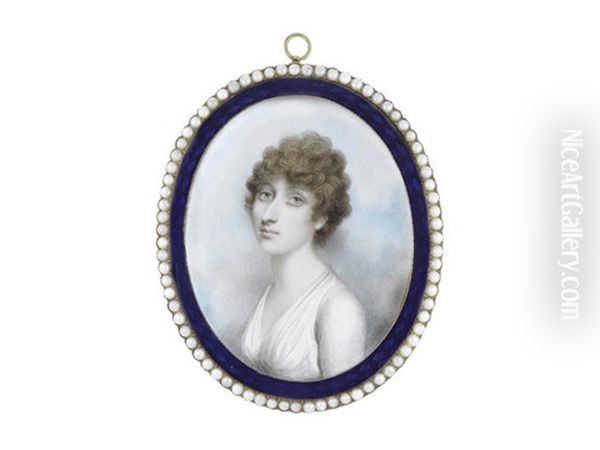 A Lady, Wearing White Dress, Her Brown Hair Curled And Upswept Oil Painting by Andrew Plimer