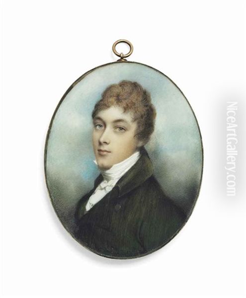 A Young Gentleman, In Olive Green Coat, White Stock, Brown Hair; Sky Background Oil Painting by Andrew Plimer