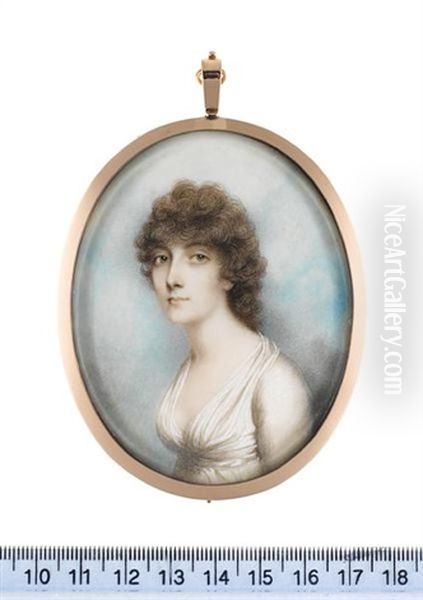 A Lady, Wearing White Dress, Her Natural Hair Curled Oil Painting by Andrew Plimer