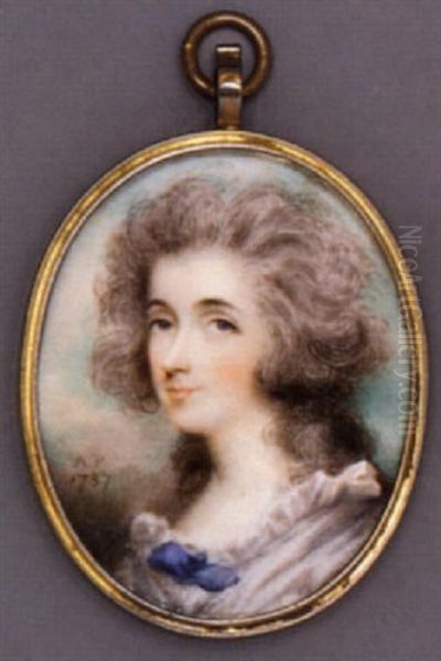 A Young Lady In White Dress With Ruffled Collar, Blue Bow At Corsage, Long Powdered Curling Hair Oil Painting by Andrew Plimer