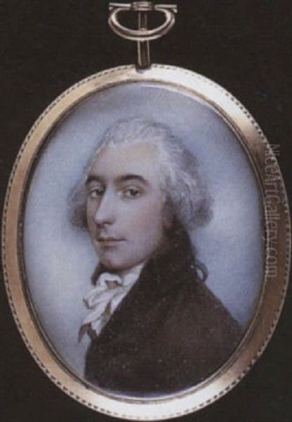 A Gentleman Wearing Brown Coat And White Tied Cravat, His Hair Powdered And Worn En Queue Oil Painting by Andrew Plimer