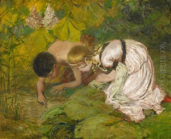 Kinder Am Waldbach Oil Painting by Karl Plueckebaum