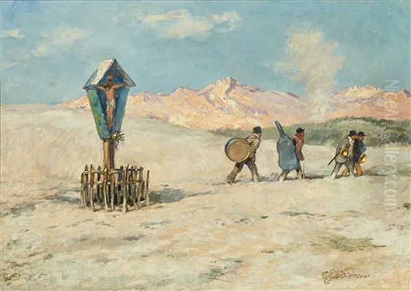 Das Kreuz Im Gebirge - Heimkehrende Musikanten Oil Painting by Karl Plueckebaum