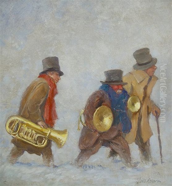 Drei Musikanten Im Schnee Oil Painting by Karl Plueckebaum