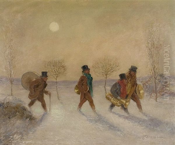 Musicians In The Snow Oil Painting by Karl Plueckebaum