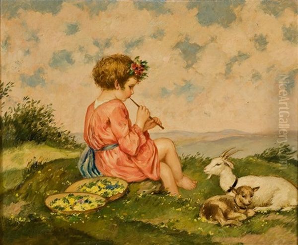 Flote Spielendes Madchen Mit Zicklein Oil Painting by Karl Plueckebaum