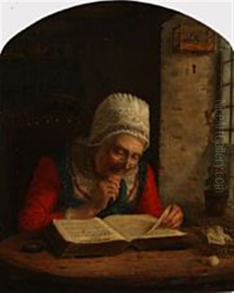 En Gammel Kone Som Laeser I Bibelen Oil Painting by August (Poul A.) Plum