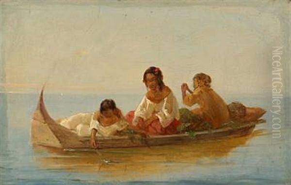 Tahitiske Piger Bringer Frugter Til Korvetten Galathea Oil Painting by August (Poul A.) Plum