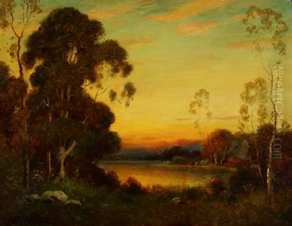 Lake In Sunset Wooded Landscape Oil Painting by Alexis Matthew Podchernikoff