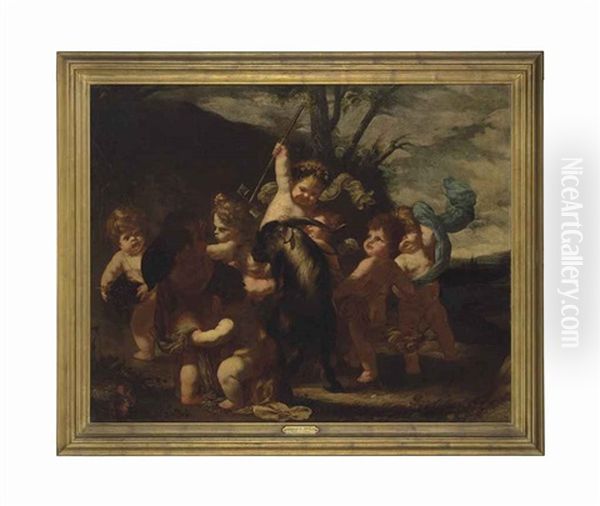 Putti Playing With A Goat In A Wooded Landscape Oil Painting by Giovanni Andrea Podesta