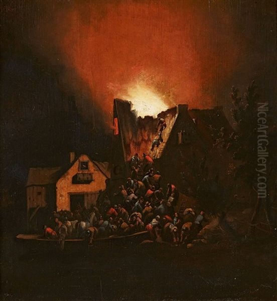 A Fire In The Night Oil Painting by Egbert van der Poel