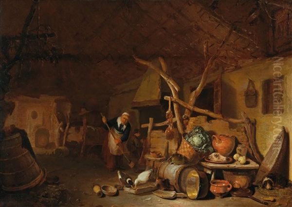 A Rustic Interior Oil Painting by Egbert van der Poel