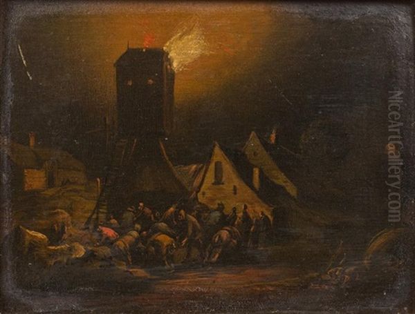 Incendie De Moulin De Nuit Dans Un Village Oil Painting by Egbert van der Poel