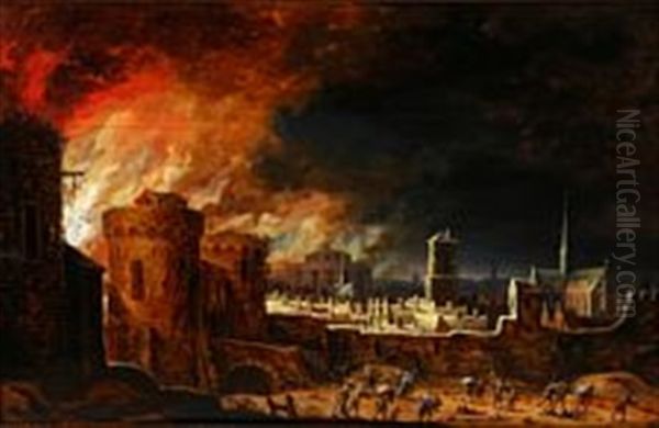 A Town In Flames Oil Painting by Egbert van der Poel