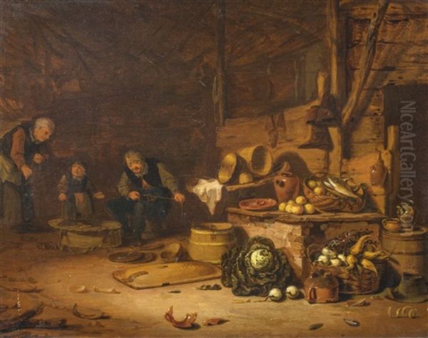 Interieur Mit Bauernfamilie Oil Painting by Egbert van der Poel