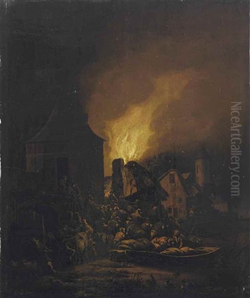 Fire In A Village At Night With Numerous Figures Near A Bell Tower On The River Bank Oil Painting by Egbert van der Poel