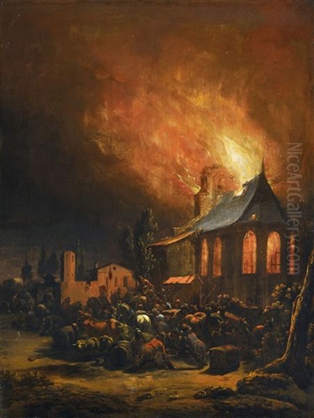 Plundering In A Burning Village Oil Painting by Egbert van der Poel