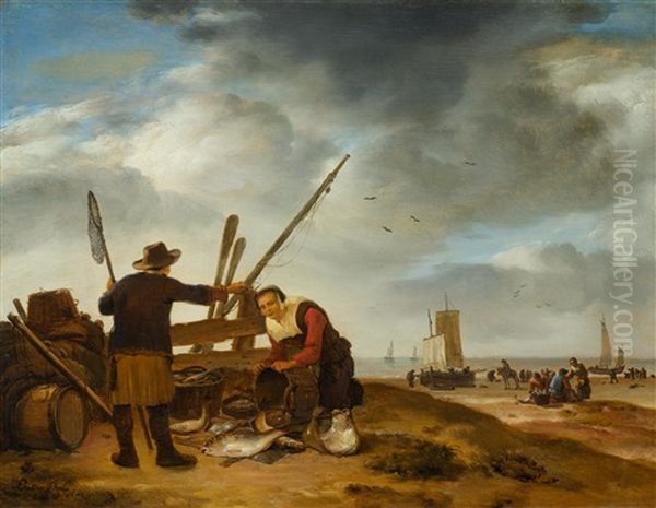 Eine Fischverkauferin Am Strand Von Scheveningen Oil Painting by Egbert van der Poel